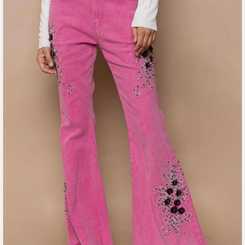 POL Pink Floral Embroidered Flare Jeans